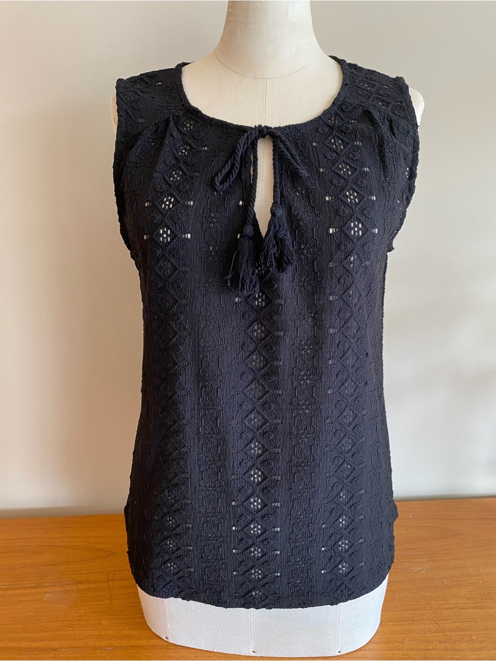 Cable & Gauge black sleeveless eyelet blouse with tassel tie closure. Med.
🖤🖤🖤